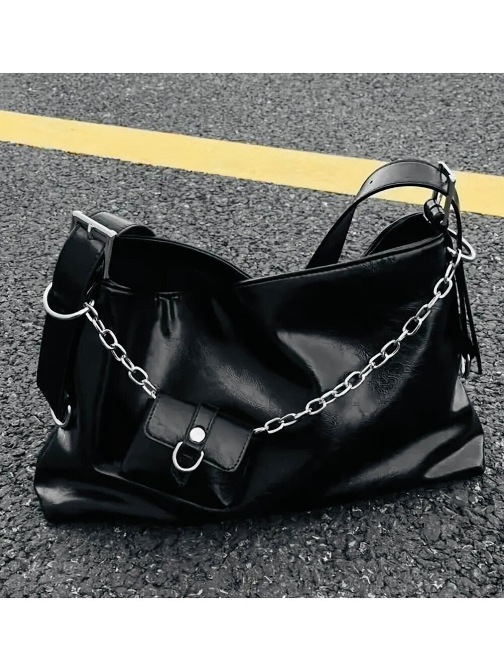 New -Chic -Vintage Inspired Faux Leather Shoulder Bag/Tote w/Chain Accent -Black